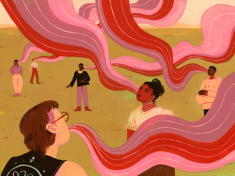 Various people singing with waves of color coming out of their mouths.