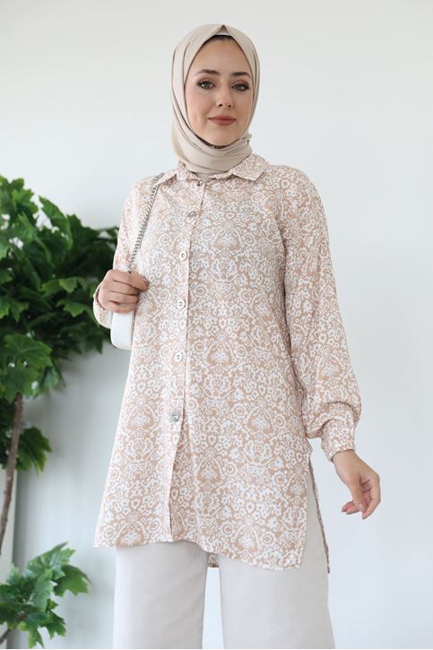 Ön Düğmeli Yırtmaç Detay Tunik-Karamel