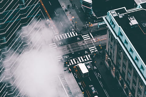 fog, city, architecture, street, crossing, cloud, rain, building, business, cars, downtown, emergency, fire, outdoors, pavement, road, smoke, traffic, transport, travel, vehicles, building exterior, built structure, high angle view, transportation, mode of transportation, land vehicle, motor vehicle, car, city street, city life, motion, incidental people, illuminated, night, sign, cityscape, 5K, CC0, public domain, royalty free