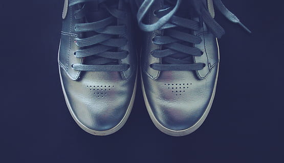 silver, shoes, sneakers, laces, fashion, studio shot, indoors, black background, close-up, shoe, no people, still life, pair, equipment, metal, shoelace, lifestyles, cut out, black color, copy space, leather, canvas shoe, colored background, two objects, high angle view, blue background, personal accessory, 2K, CC0, public domain, royalty free