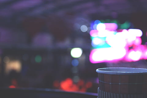 coffee, cup, steam, hot, blurry, lights, dark, night, evening, illuminated, focus on foreground, close-up, no people, drink, city, defocused, lighting equipment, lens flare, food and drink, selective focus, transportation, street, outdoors, light - natural phenomenon, arts culture and entertainment, mode of transportation, refreshment, 5K, CC0, public domain, royalty free