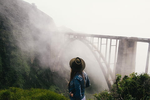 woman, cowboy hat, blue, denim jacket, standing, cliff, view, concrete, train bridge, covered, fogs, blue denim, train, bridge, bridges, editor's pick, fog, gray, green, hats, mountains, pink, women, nature, one Person, outdoors, people, waterfall, water, river, casual clothing, day, architecture, plant, hat, built structure, clothing, men, child, transportation, males, sky, childhood, bridge - man made structure, 2K, CC0, public domain, royalty free