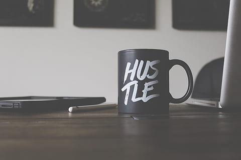 black, white, hustle-printed, ceramic, mug, table, hustle, brown, wooden, top, Rise, Grind, desk, coffee mug, cup, coffee - Drink, business, coffee Cup, no people, indoors, day, water, close-up, communication, text, still life, western script, drink, coffee, food and drink, reflection, technology, wireless technology, connection, tea cup, message, 5K, CC0, public domain, royalty free