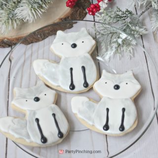 arctic fox cookies, white fox cookies, white winter woodland creature party ideas, cute food, fun food for kids, winter cookies, winter food ideas, snowy cookies, silver fox cookies