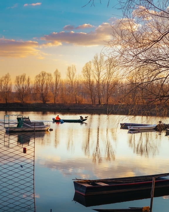 sunset, fisherman, fishing boat, river boat, riverbank, atmosphere, calm, placid, landscape, majestic