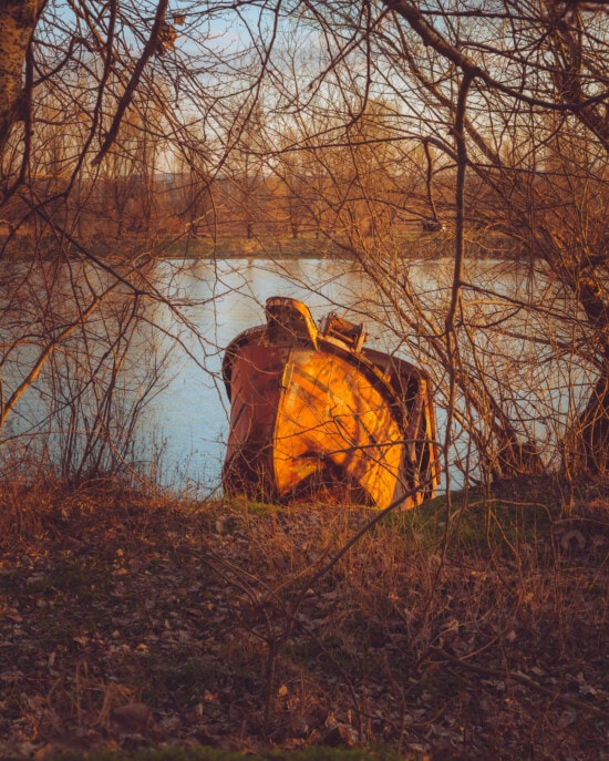 ship, shipwreck, abandoned, riverbank, sunset, tree, tent, landscape, nature, outdoors