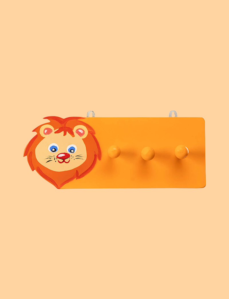 a yellow coat rack with a lion face on it