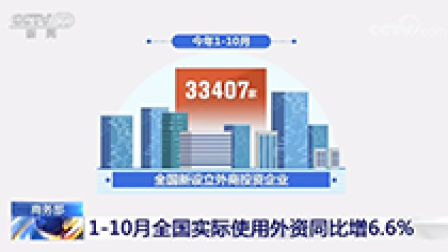 商务部：前10月全国实际使用外资同比增6.6% 高技术产业增长快