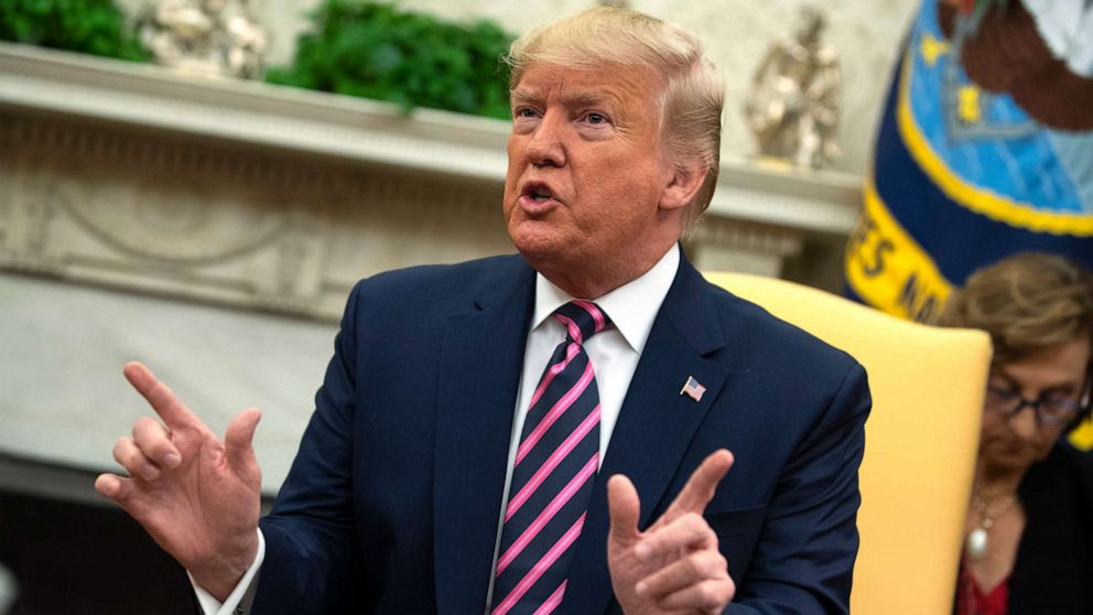 PHOTO: President Donald Trump speaks during a meeting with Paraguay's President Mario Abdo Benitez in the Oval Office of the White House, Dec. 13, 2019, in Washington.