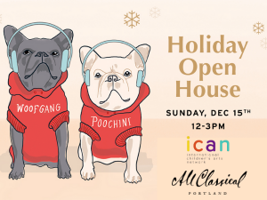 two dogs in sweaters and snowflakes