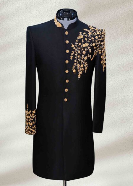 Royal Black Sherwani for Wedding with Embroidery
