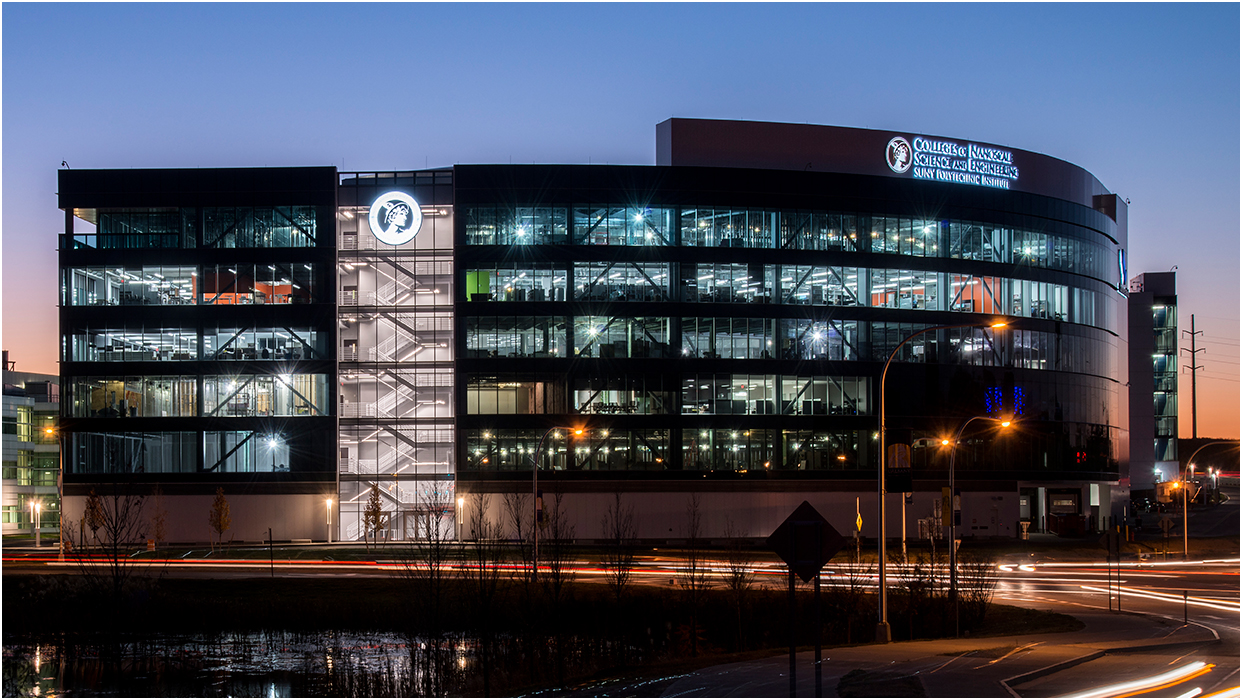 Night view of the ZEN Building in Albany