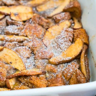 Apple Baked French Toast in white casserole dish