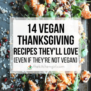 (center) title text (background) image of sweet potato salad on vintage grey tray