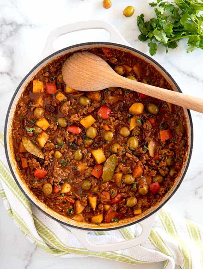 Top view of Picadillo in a ceramic skillet