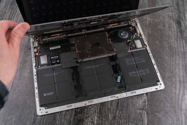 The internals of a Surface Laptop, under the removable keyboard.