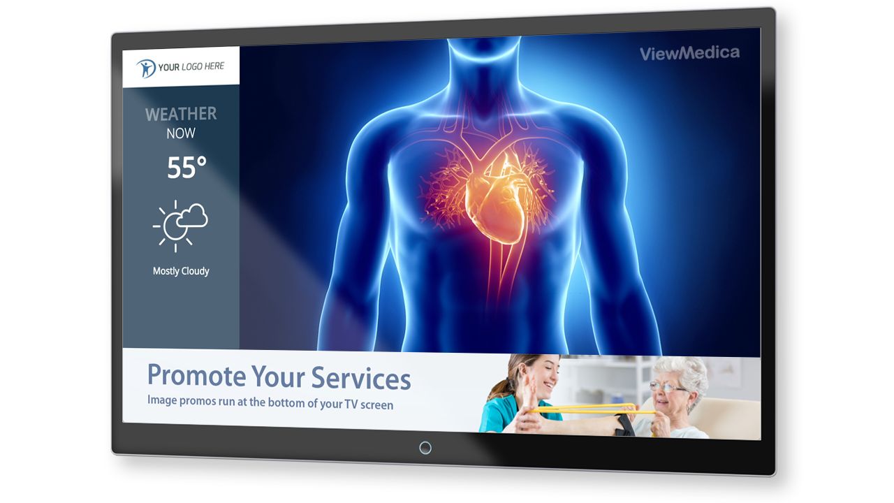VMcast Waiting Room TV promotes your services and displays weather, news and branding information.