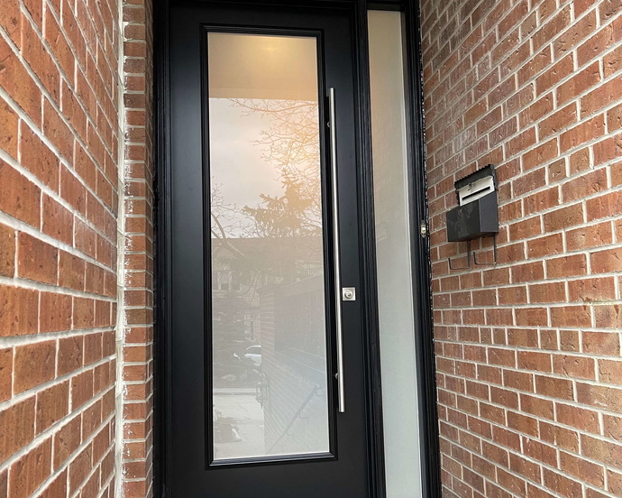 8' high modern front steel door with frosted glass sidelite and transom 7698