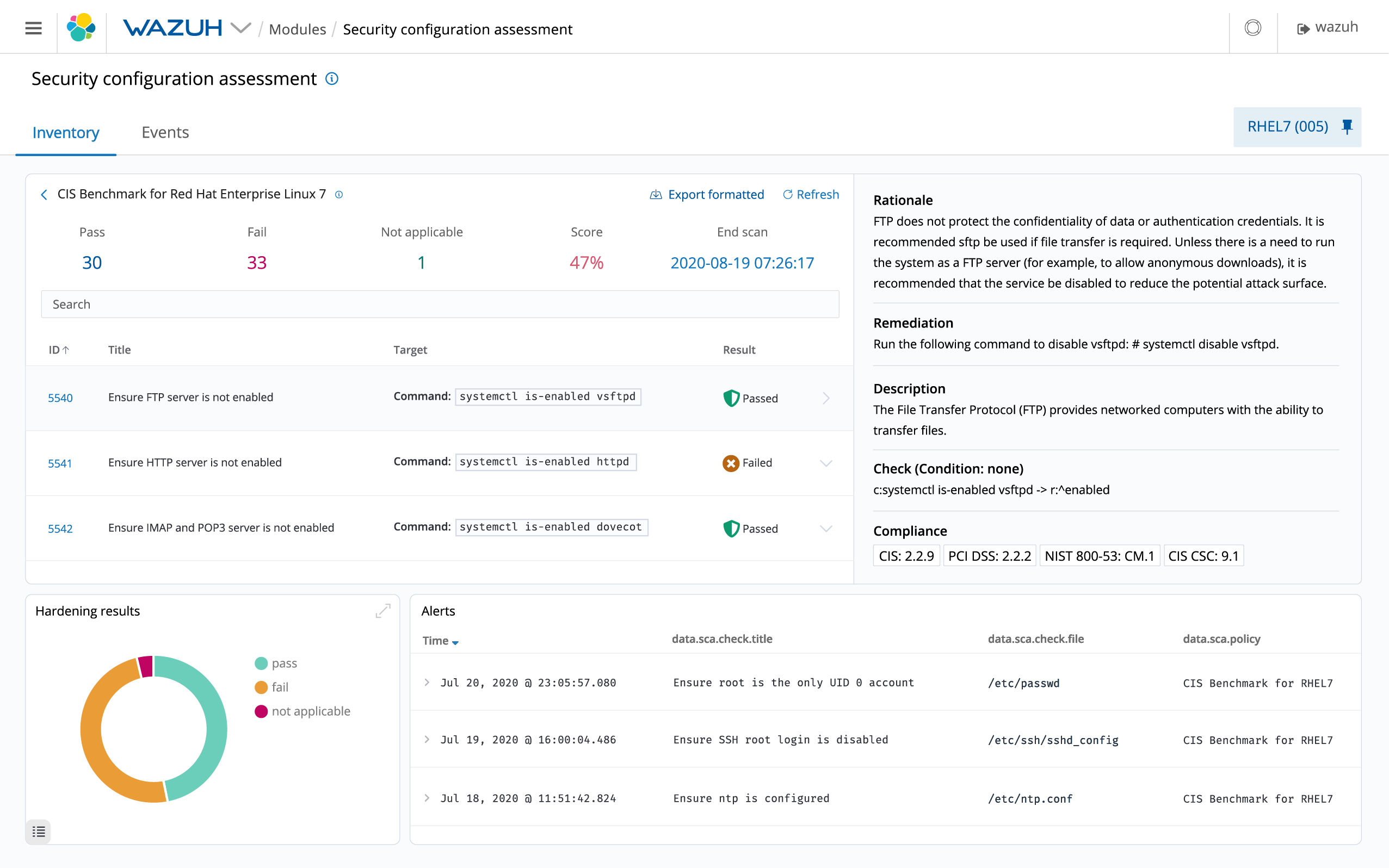 Wazuh monitors system and application configuration settings to ensure they are compliant with your security policies, standards and/or hardening guides.