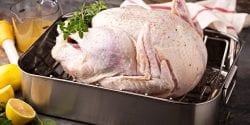 Raw turkey in roasting pan