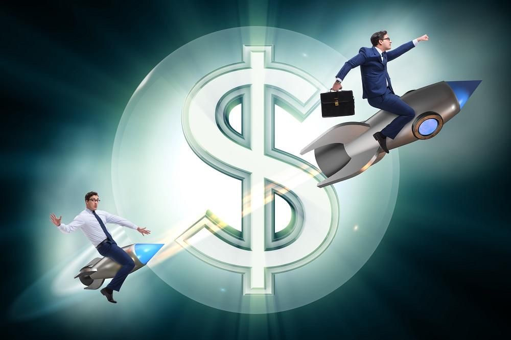 Businessman on rocket flying around dollar