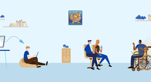 Illustration of a child using P2G with the mother editing on P2g and on other side man in wheelchair presenting with Proloquo2Go