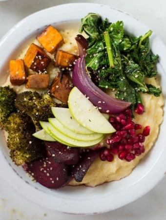 Healthy Harvest Buddha Bowl | Amazing Fall flavors in one healthy and nutritious meal in one bowl filled with veggies and fruits and drizzled with a delicious tahini sauce | A Sweet Pea Chef