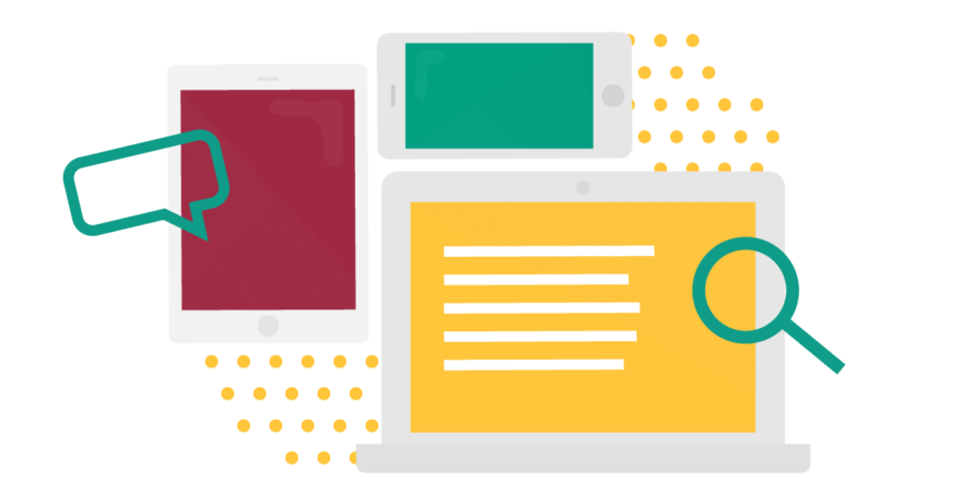 Illustratin av en dator, padda och mobiltelefon med gula prickar i bakgrunden. Bilden visar ett förstoringsglas och en pratbubbla som ligger över enheterna. Bilden symboliserar googles popul&auml;ra sökningar.