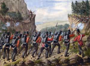 British troops in action in the mountains: Battle of San Millan and Osma on 18th June 1813 in the Peninsular War: picture by Richard Simkin