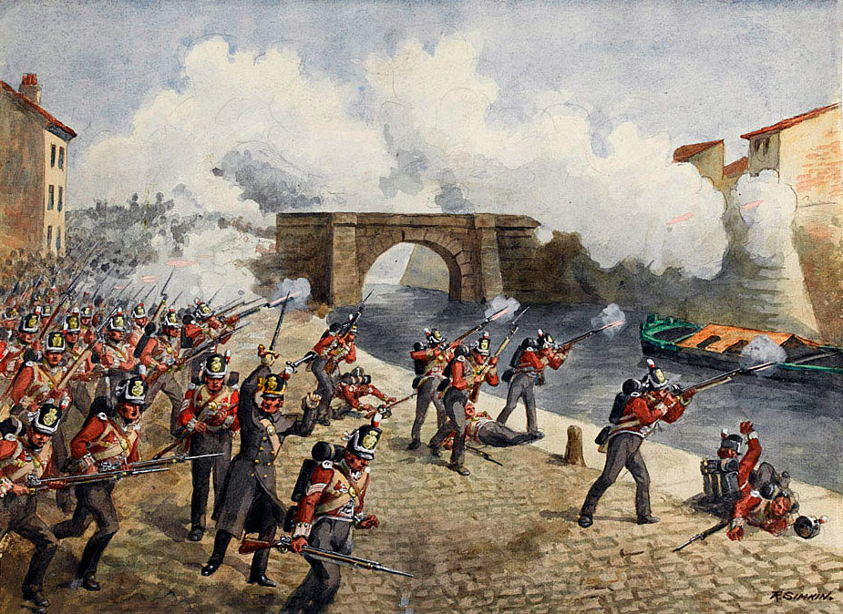 British 27th Regiment at the Battle of Toulouse on 10th April 1814 in the Peninsular War: picture by Richard Simkin