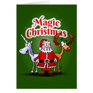 Christmas card with Santa Claus, a reindeer and a unicorn