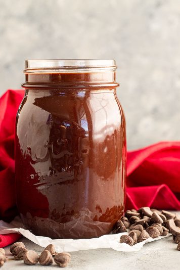 A jar of homemade hot fudge sauce.