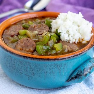 A bowl of Cajun gumbo with Andouille sausage and rice. | www.CuriousCuisiniere.com