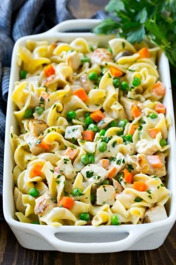 This chicken noodle casserole is diced chicken, veggies and egg noodles all in a creamy sauce.
