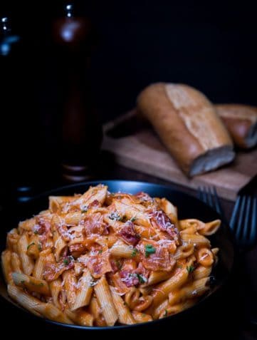 a plate piled high with penne alla vodka