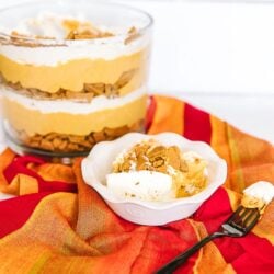 Pumpkin Trifle with crumbled ginger cookies in a dish