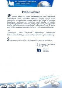 Certyfikat podziękowania dla Galerii Optycznej za prowadzenie szkolenia i kursu optycznego