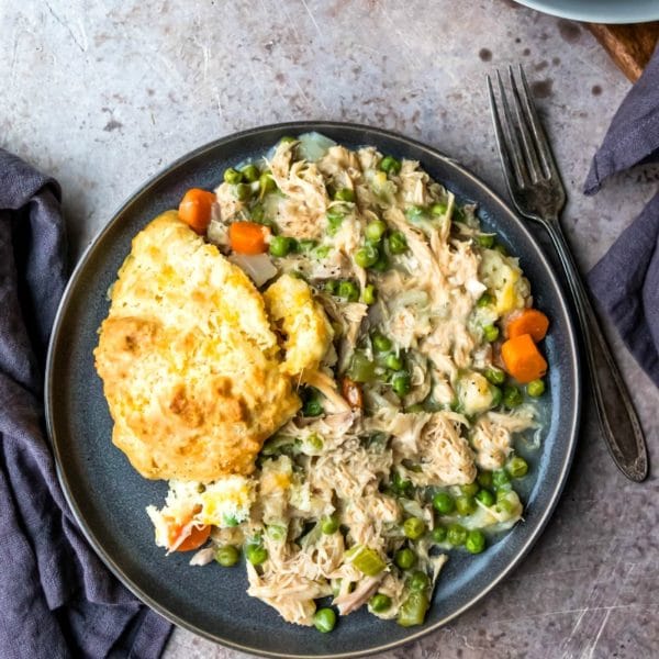 Blue plate with turkey pot pie on it