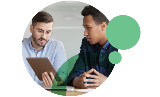 employee showing customer screen on tablet