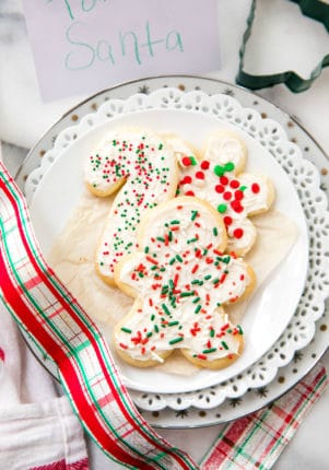 holiday sugar cookies decorated with frosting and sprinkles