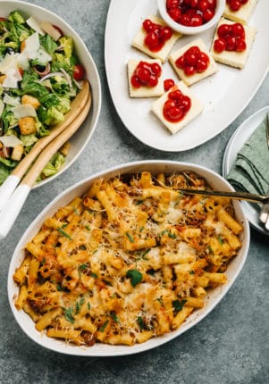 three course dinner with baked ziti, salad and dessert