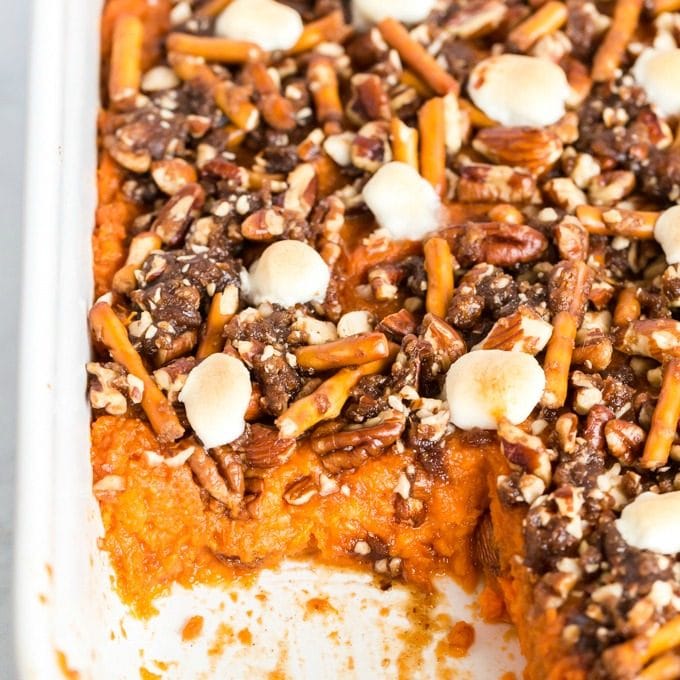 View of sweet potato casserole showing the creamy brown butter bourbon sweet potatoes.