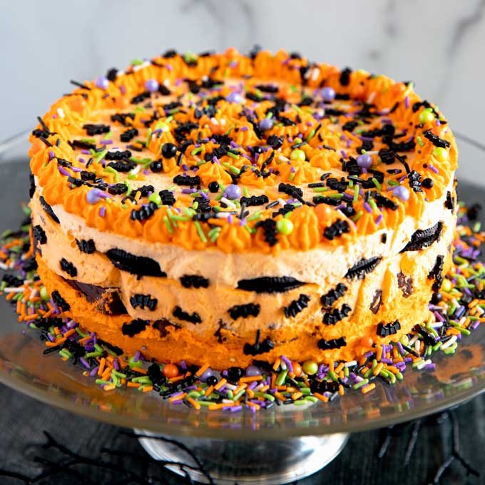 Halloween Icebox Cake on a cake pedestal