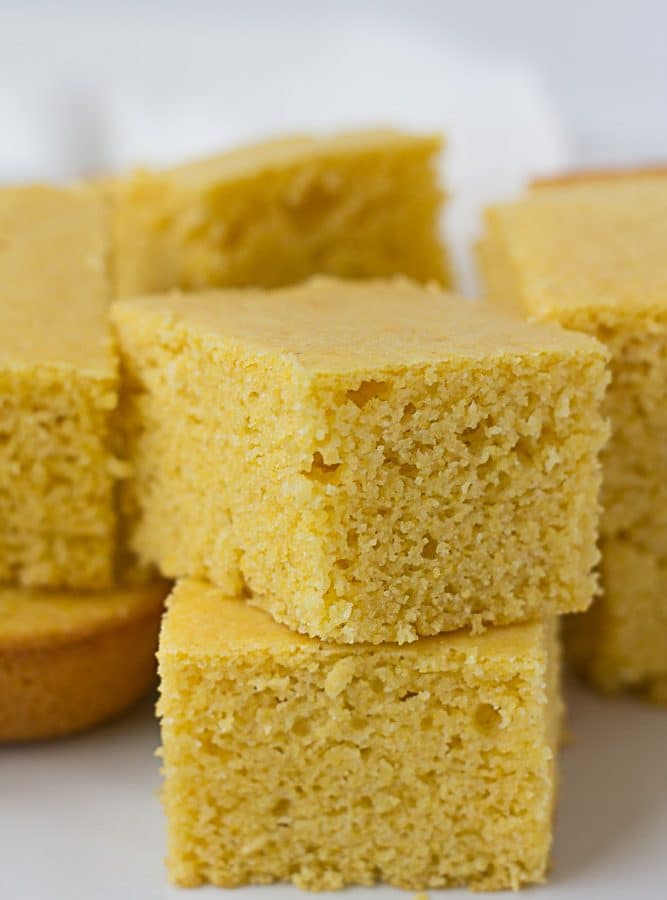 Cut up squares of vegan cornbread