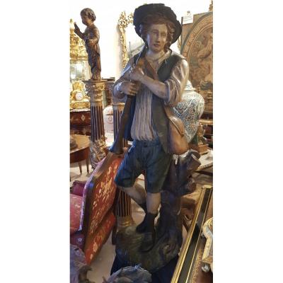 Statue "Le Joueur De Fl&ucirc;te" En Bois Sculpt&eacute;  Polychrome XVIII &egrave;me