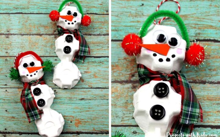 Egg carton snowman craft ornaments for kids to make.