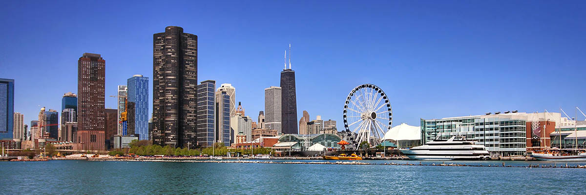 Sunny Chicago Skyline showing where the 2020 APS Annual Convention will be.