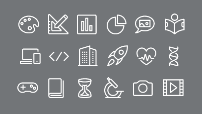 a collage of 18 line art icons featuring technology, art, science, and other areas of study