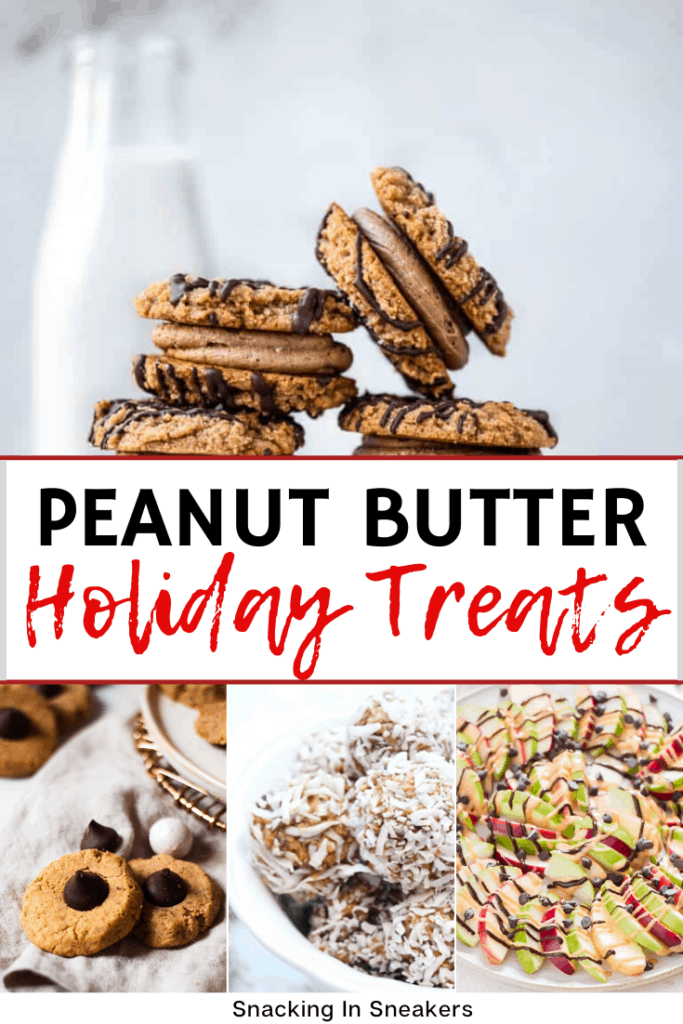 A collage of peanut butter cookies, energy balls, and other holiday peanut butter recipes