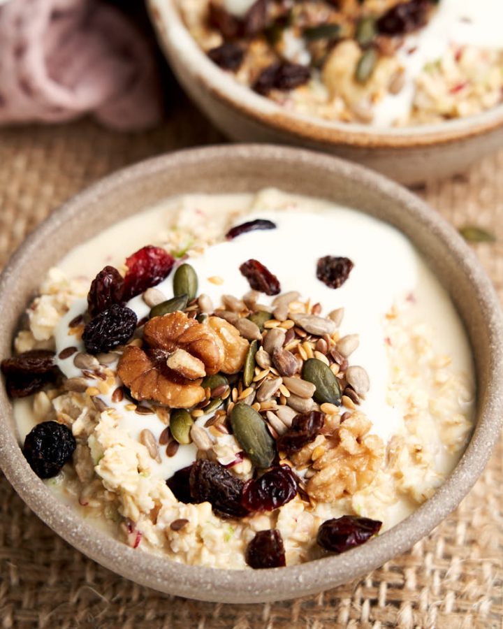 Bircher Muesli Swiss Oatmeal - Bowl to show creamy bircher with toppings | The Worktop